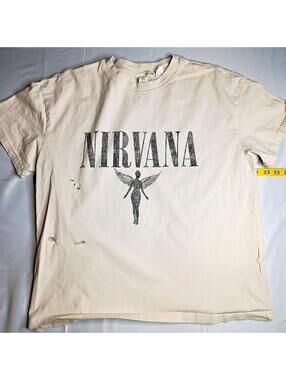 H&M Nirvana cream distressed t-shirt Size M #nirvana #distressed